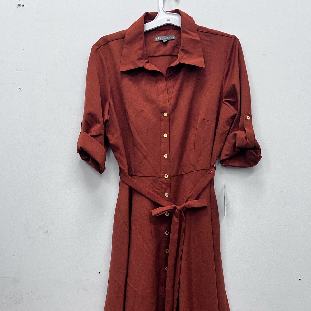 Sharagano Women's Orange Three Quarter Sleeve Fit & Flare Shirtdress